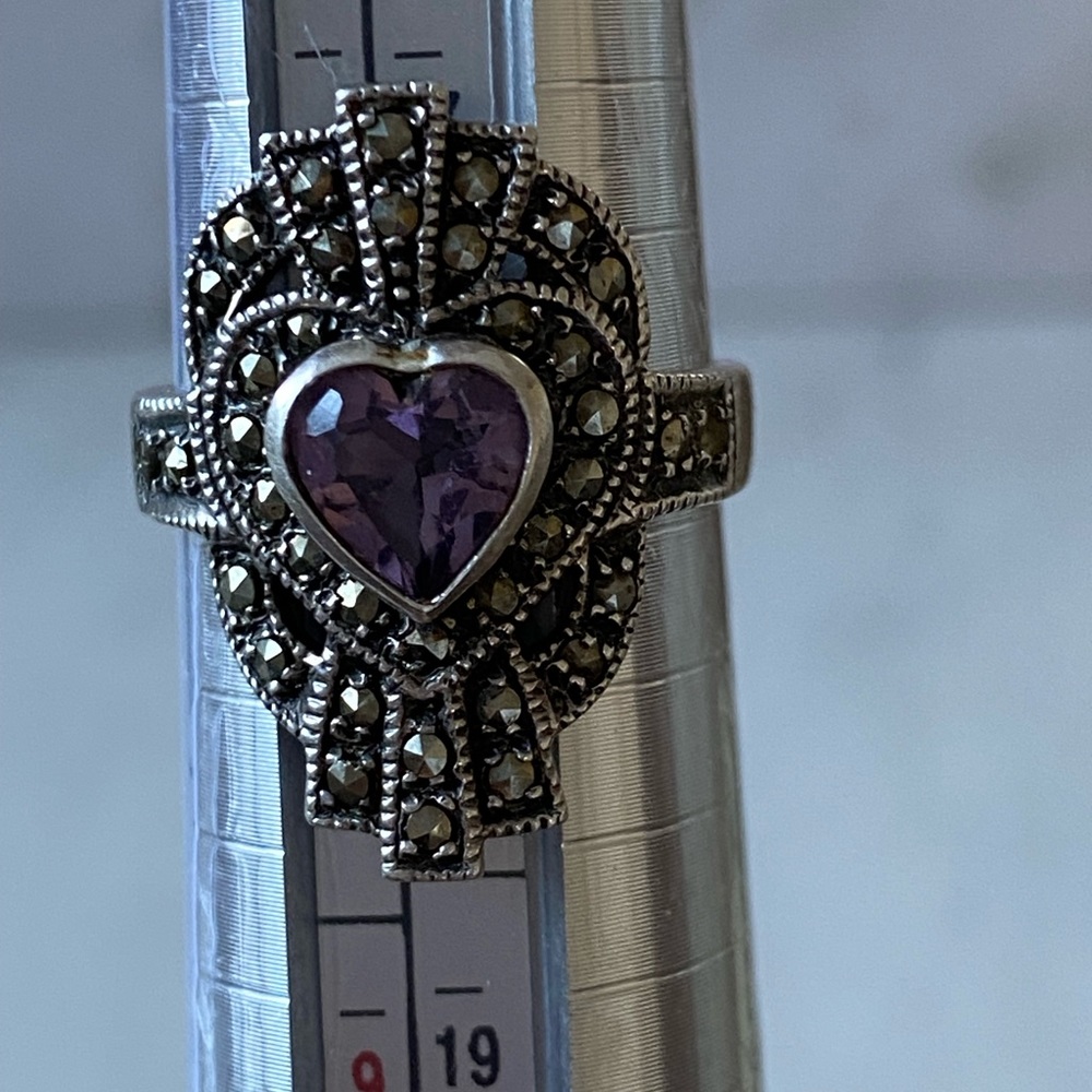 Vintage 925TR Mexico sterling silver amethyst marcasite ring - Picture 13 of 13